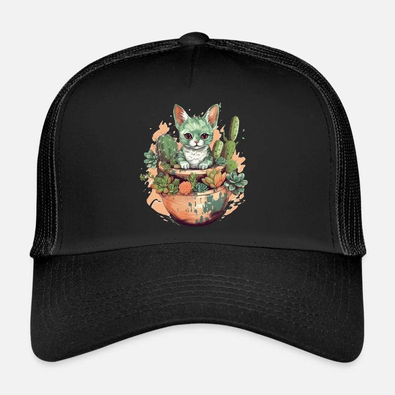 Chat en pot de téracotta avec cactus Casquette trucker 