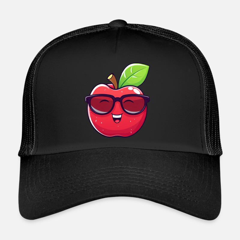 Cooler Kawaii Apfel mit Sonnenbrille Nerdiges - Trucker Cap - Schwarz/Schwarz