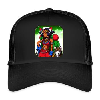 Niedliches Anime Manga Girl mit Hunde Wolf - Trucker Cap - Schwarz/Schwarz - Vorne