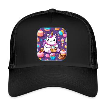 Cute Thick Unicorn with Cake and Cup Cakes - Trucker Cap - black/black - Front