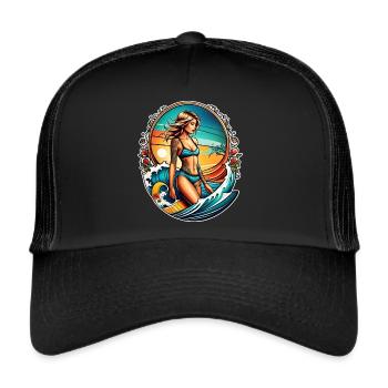 Süßes Surfer Girl mit Tattoos Ornament - Trucker Cap - Schwarz/Schwarz - Vorne