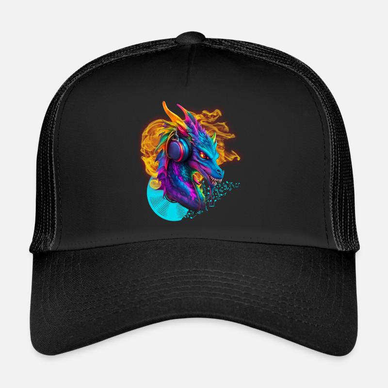 D.J. Dragon with Headphone Fire Vinylrecord notes Trucker Cap