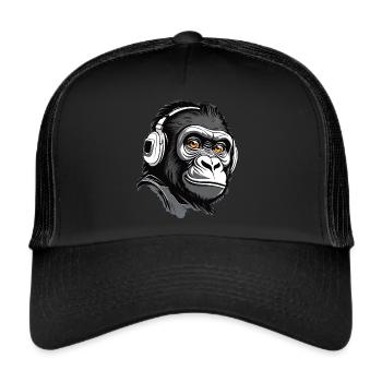 Cooler Gorilla mit Kopfhörer - Trucker Cap - Schwarz/Schwarz - Vorne
