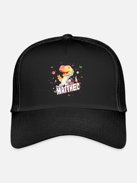 MATTHEO - Beautiful boy name with cute DINO T-REX - Trucker Cap - black/black - Front