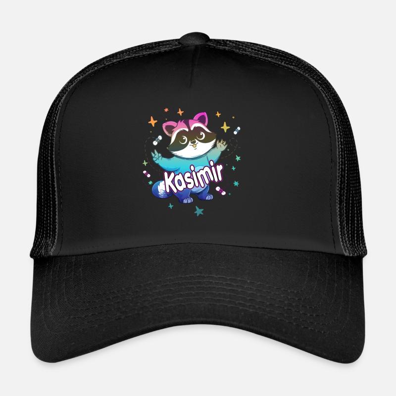 KASIMIR - Schöner Jungen Name mit süßem Waschbär - Trucker Cap - Schwarz/Schwarz