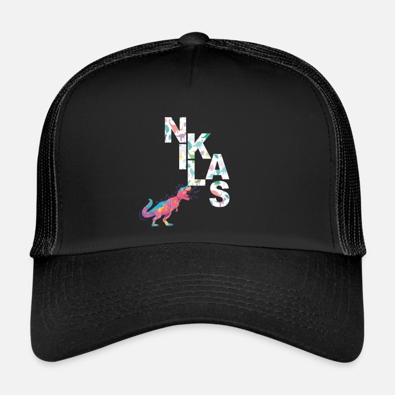 NIKLAS - Schöner Jungen Name mit Dinosaurier - Trucker Cap - Schwarz/Schwarz