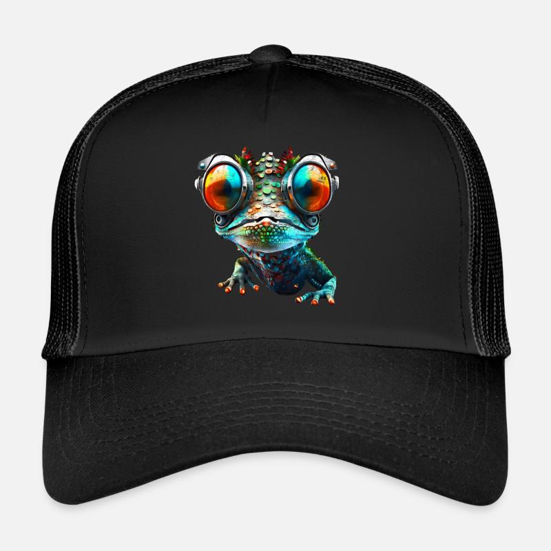 Gecko, Roboter, Cyborg, Brille, Echse, Tier, Humor - Trucker Cap - Schwarz/Schwarz