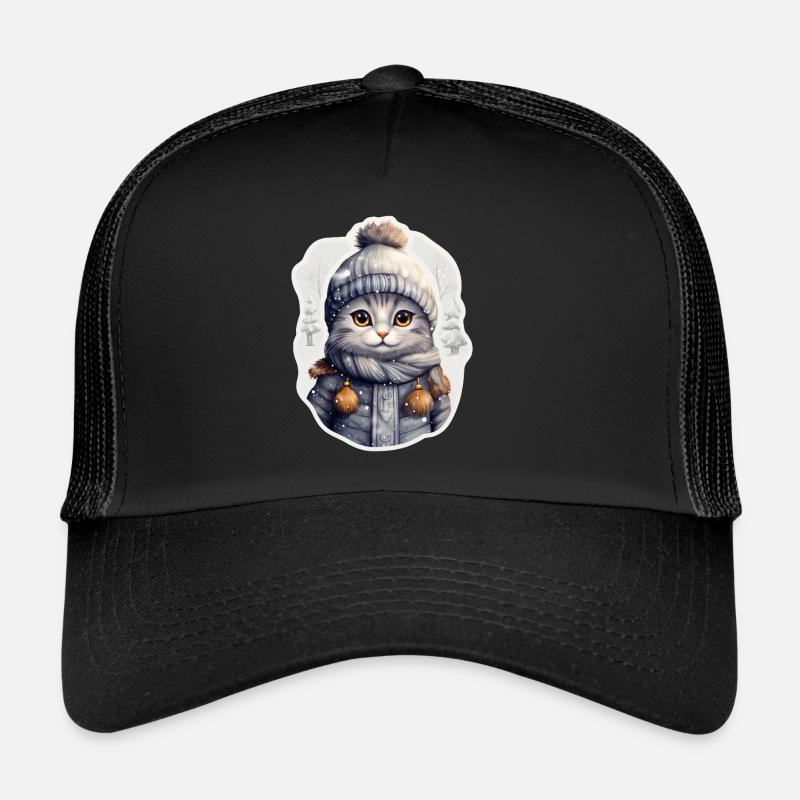 Chat avec chapeau, écharpe et veste dans la neige Casquette trucker 
