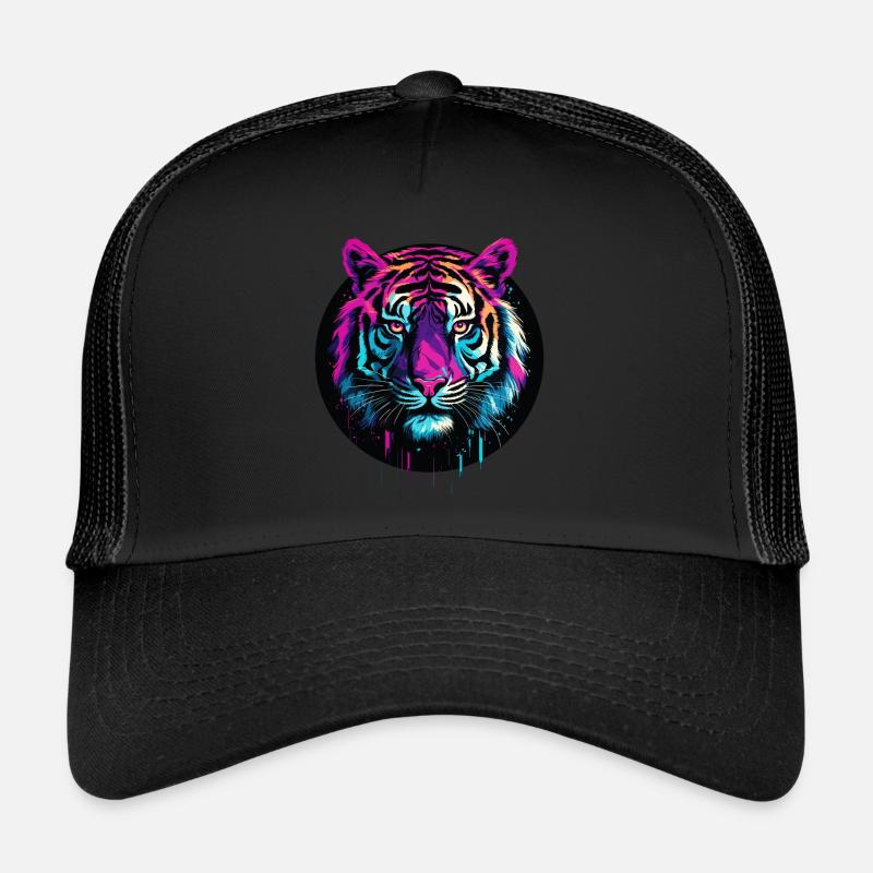 Tiger Tigerkopf Neon Bunt Farbenfroh Wild Mutig - Trucker Cap - Schwarz/Schwarz