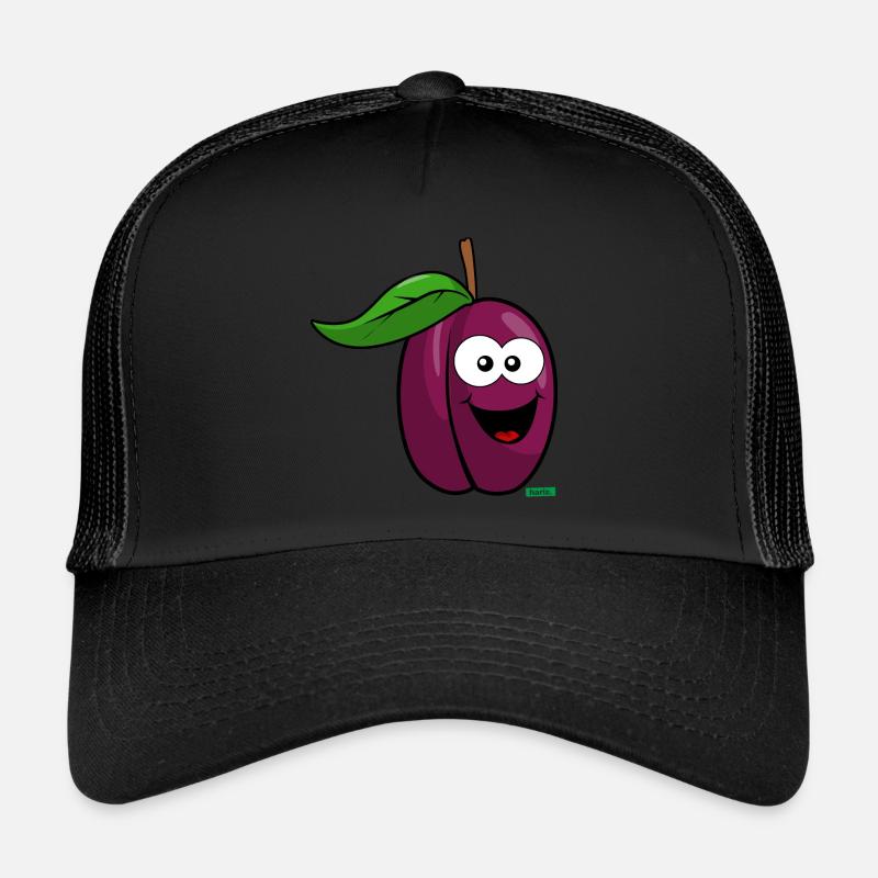 Pflaume Lachend HARIZ Früchte Kinder Süß - Trucker Cap - Schwarz/Schwarz