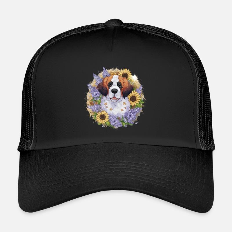 Bernhardiner mit Sonnenblumen - Trucker Cap - Schwarz/Schwarz