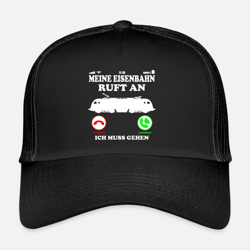 Eisenbahn Rentner Opa - Lok Ruft an Spruch - Trucker Cap - Schwarz/Schwarz