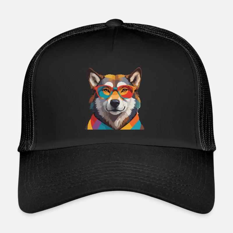 Wolf Cool mit Brille Bunt - Trucker Cap - Schwarz/Schwarz