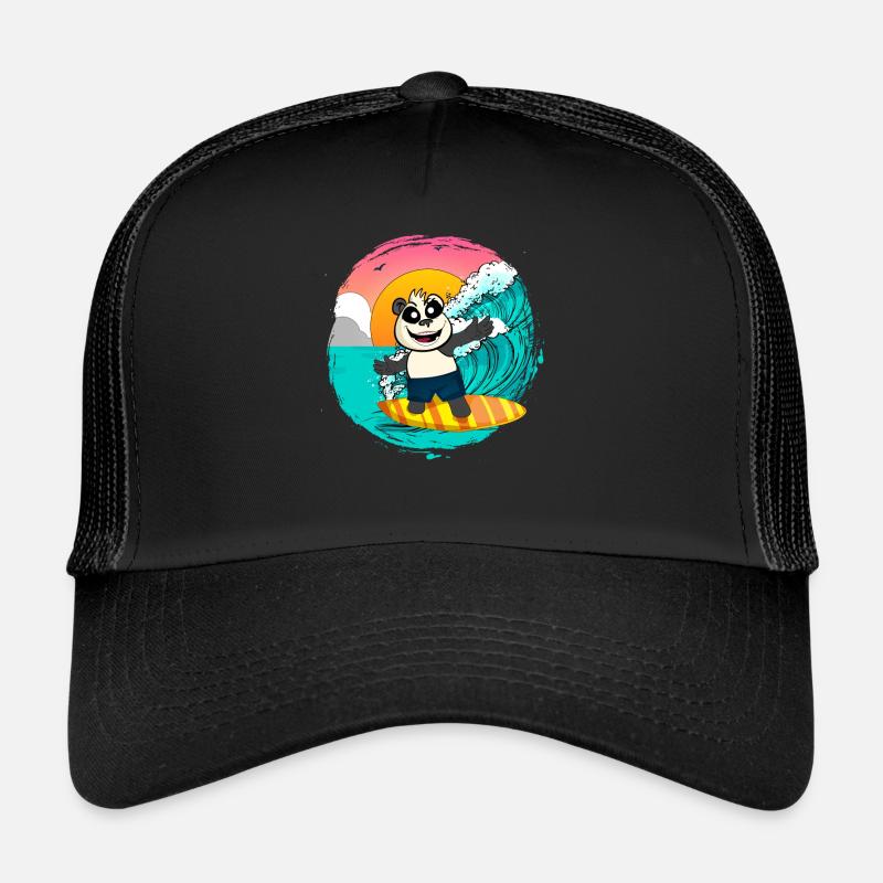 Panda Riding ein Surfbrett Wellen fangen - Trucker Cap - Schwarz/Schwarz