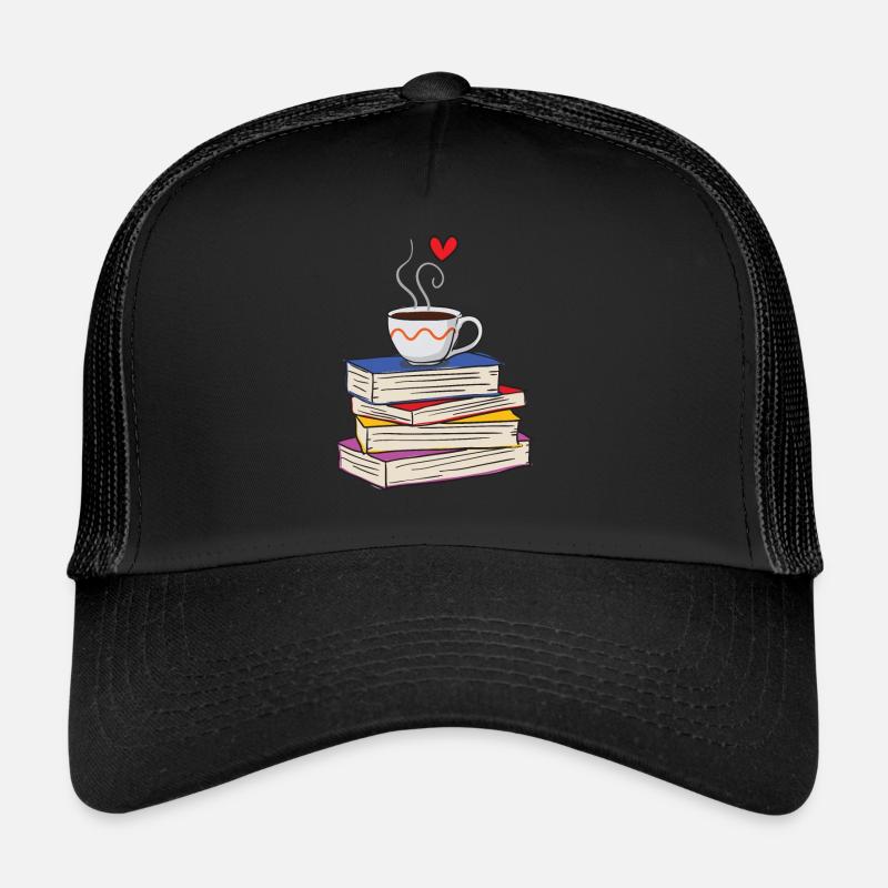 Heiße Tasse Kaffee und Bücher - Trucker Cap - Schwarz/Schwarz