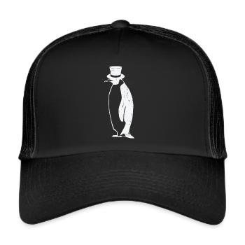 Pinguin T-Shirt - Pinguin mit Zylinder Geschenk - Trucker Cap - Schwarz/Schwarz - Vorne