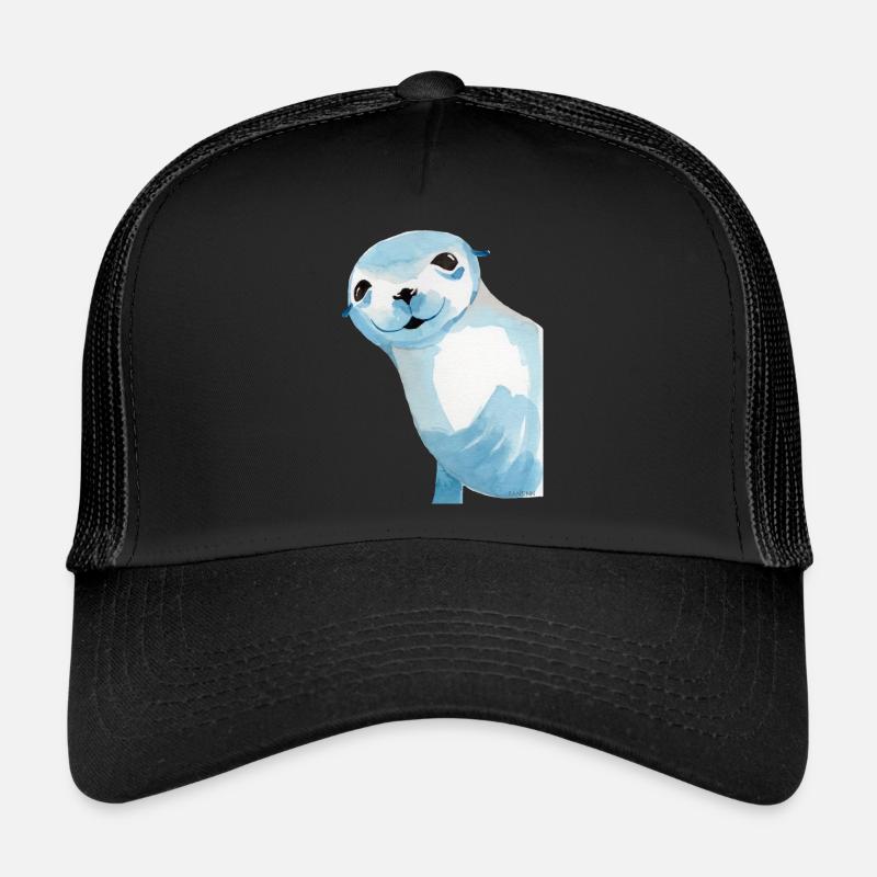 Robbe Seehund Tier Raubtier schwimmen Geschenk - Trucker Cap - Schwarz/Schwarz