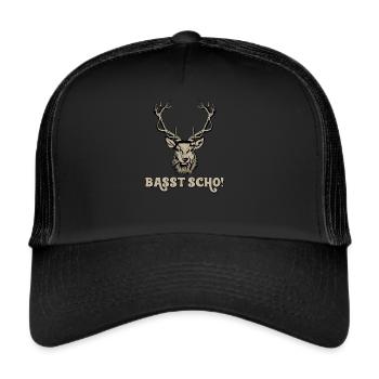 Basst Scho, Bayrisch, Bayern Hirsch - Trucker Cap - Schwarz/Schwarz - Vorne