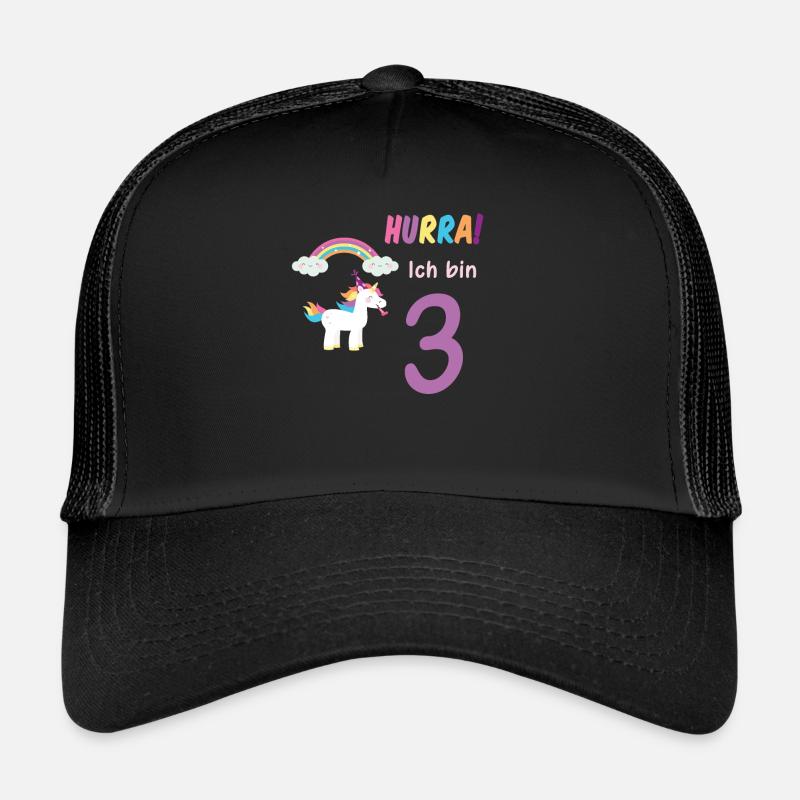 Hurra ich bin 3 Dritter Geburtstag 3 Jahre Einhorn - Trucker Cap - Schwarz/Schwarz