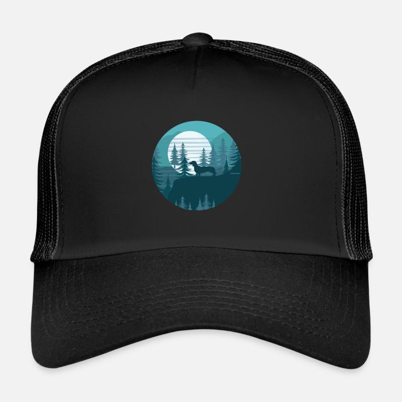 Dackel Jault vor Mond Geschenkidee Dog Dachshund - Trucker Cap - Schwarz/Schwarz