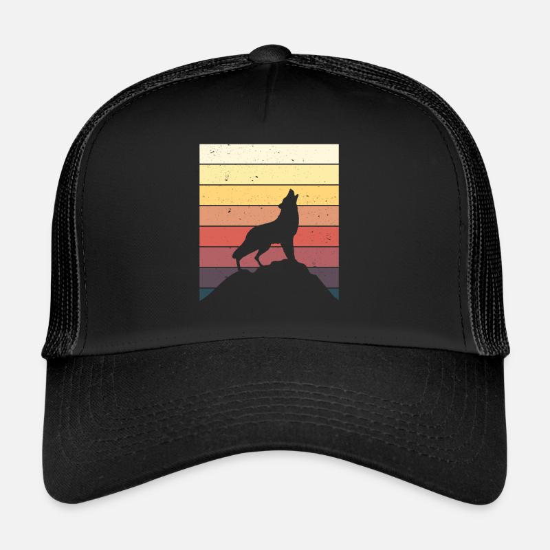 Retro Wolf Wolfshund Heulen Berge Geschenkidee - Trucker Cap - Schwarz/Schwarz