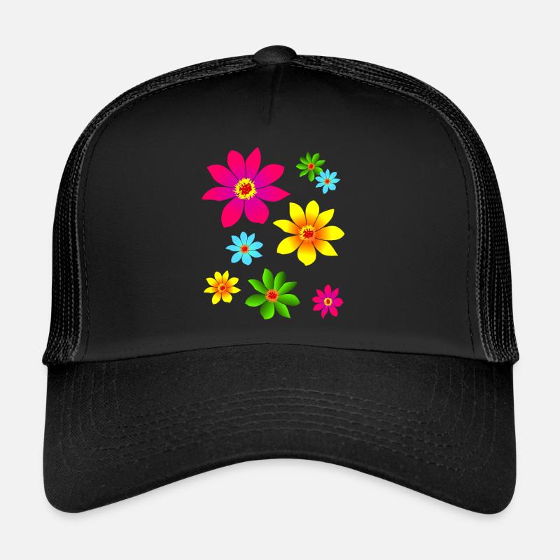 bunte Blumen, farbenfroh, blühend, Blüten, blumig - Trucker Cap - Schwarz/Schwarz