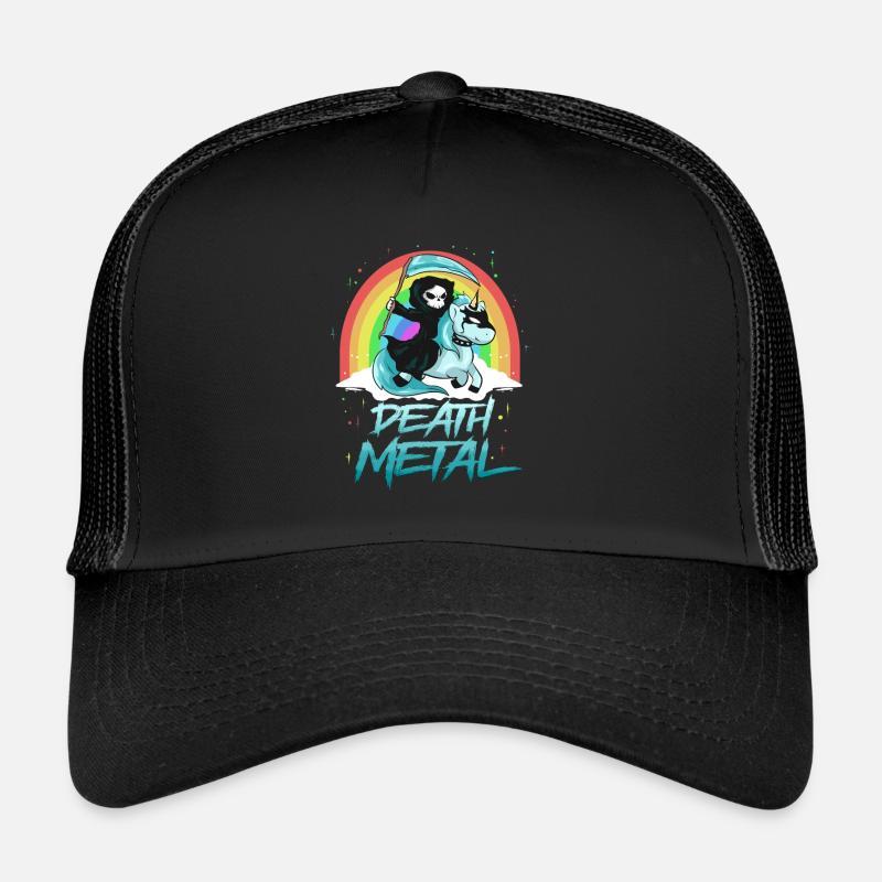 Death Metal Einhorn mit Tod als Reiter Regenbogen - Trucker Cap - Schwarz/Schwarz