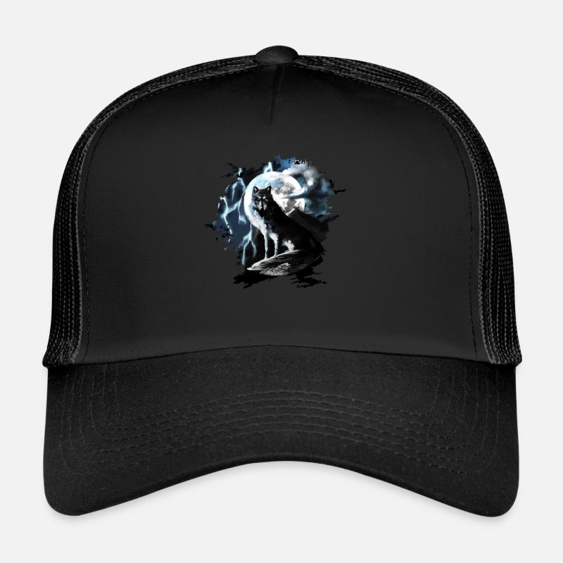 Wolf sitzt heulend im Vollmond bei Nacht - Trucker Cap - Schwarz/Schwarz