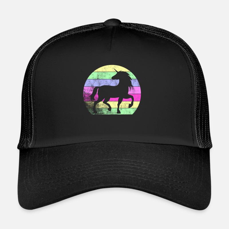 Retro Einhorn Fabelwesen Regenbogen - Trucker Cap - Schwarz/Schwarz