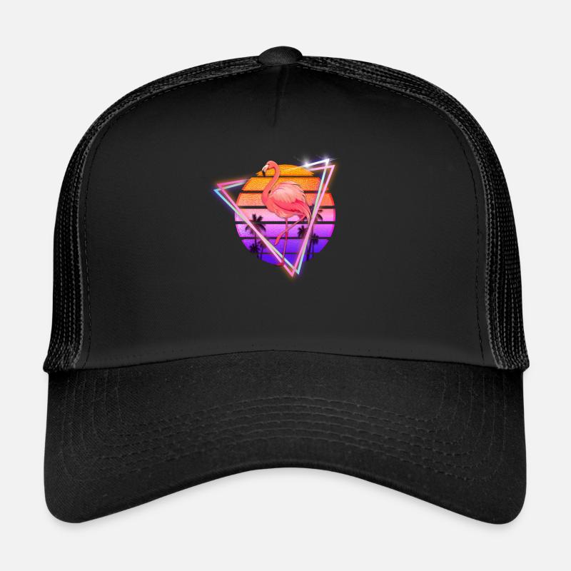 Flamingo Synthwave Retro Old School Gift - Trucker Cap - black/black