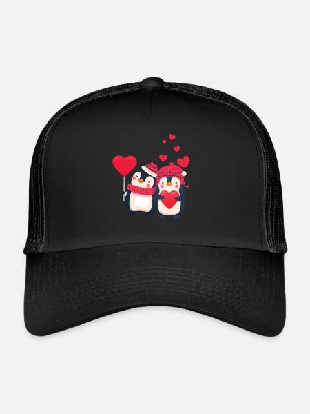 Sweet penguin couple with hearts - Trucker Cap - black/black - Front