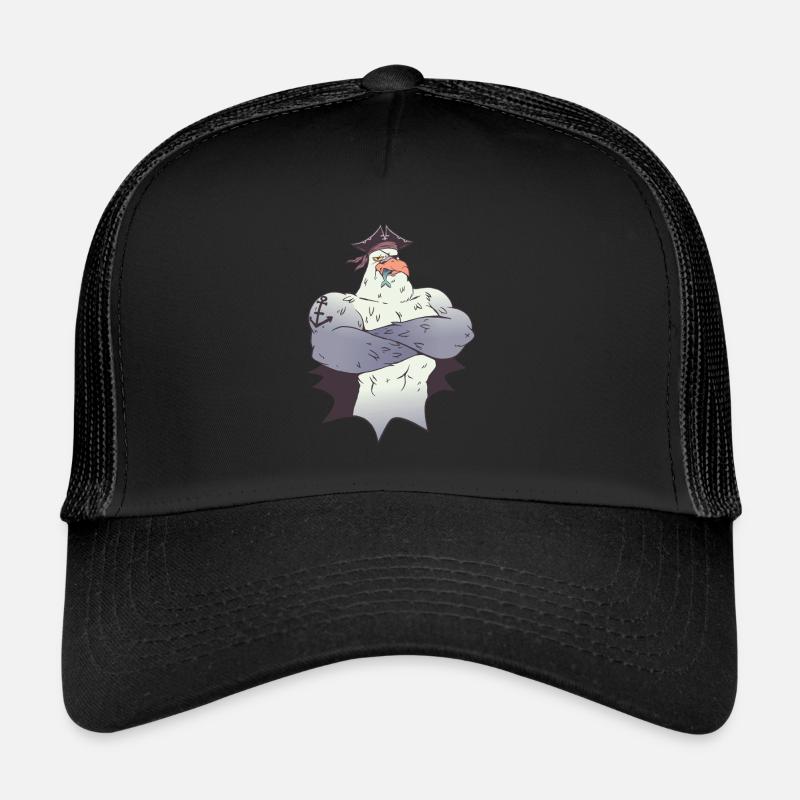 Pirate de mouette mangeant un poisson avec un tatouage d'ancre Casquette trucker 