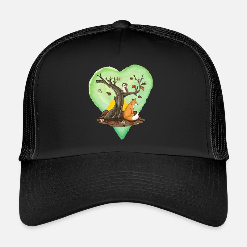 Herbst, Herbst Themen, Fuchs und Eule mit Baum, Herz - Trucker Cap - Schwarz/Schwarz