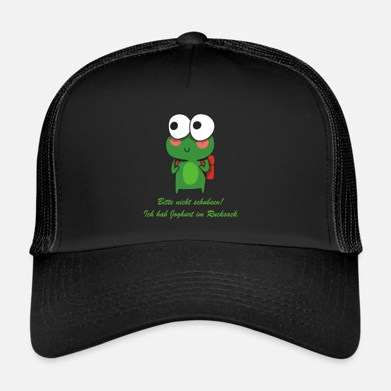 Joghurt im Rucksack Witziger Spruch mit Frosch - Trucker Cap - Schwarz/Schwarz