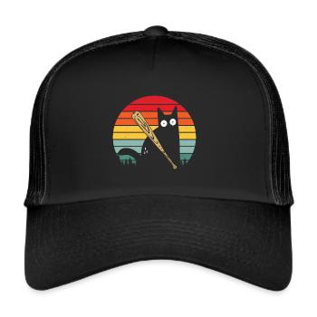 Baseball Cat Vintage Crazy Cat Softball Pitcher - Trucker Cap - Schwarz/Schwarz - Vorne
