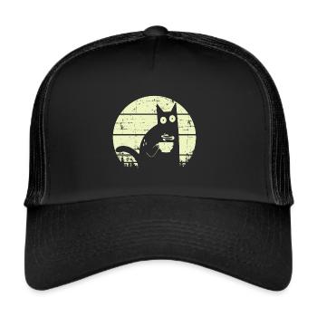 Kaffeekatze Retro Katze Kaffee - Trucker Cap - Schwarz/Schwarz - Vorne