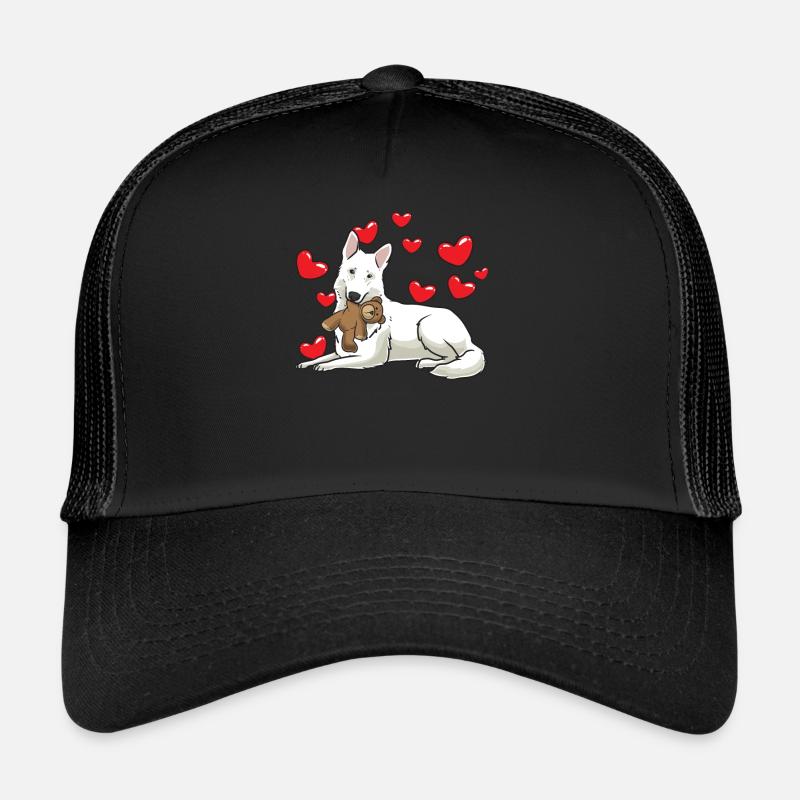 Weißer Schweizer Schäferhund mit Kuscheltier - Trucker Cap - Schwarz/Schwarz