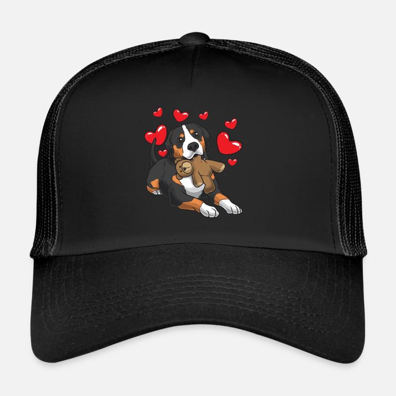 Grosser Schweizer Sennenhund mit Kuscheltier - Trucker Cap - Schwarz/Schwarz