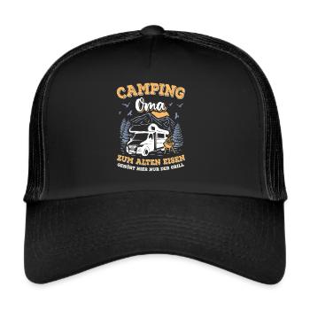 Camper Oma Camping Wohnmobil Urlaub Berge Grill - Trucker Cap - Schwarz/Schwarz - Vorne