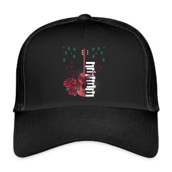 E Guitar Music Notes Piano Keys Red Roses Flower - Trucker Cap - black/black - Front