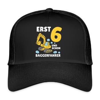 Bagger 6 Jahre Baustelle 6 Geburtstag Junge - Trucker Cap - Schwarz/Schwarz - Vorne