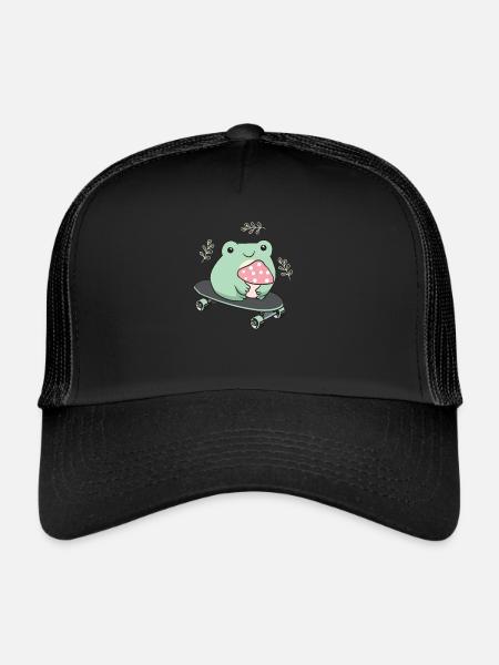 Cottagecore Aesthetic Kawaii Skateboarding Frog - Trucker Cap - black/black - Front