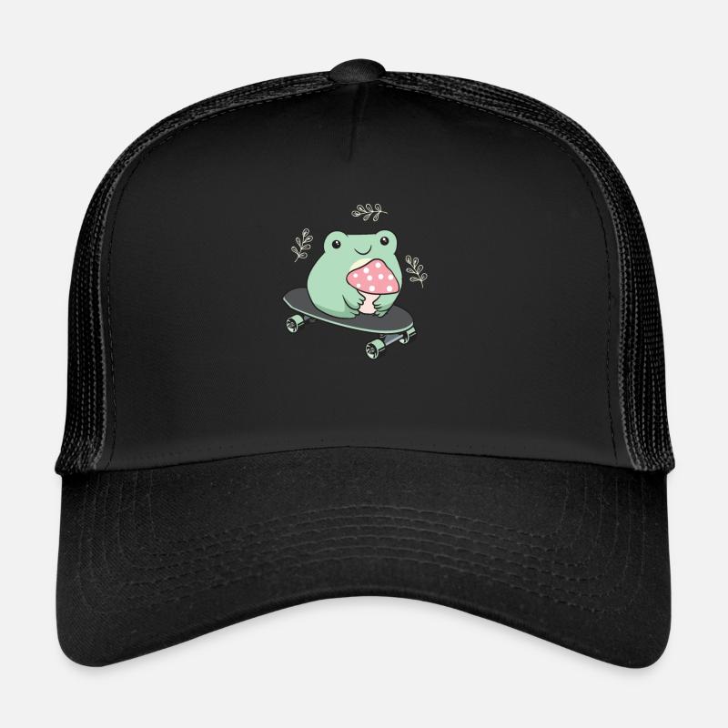 Cottagecore Aesthetic Kawaii Skateboarding Frog - Trucker Cap - black/black