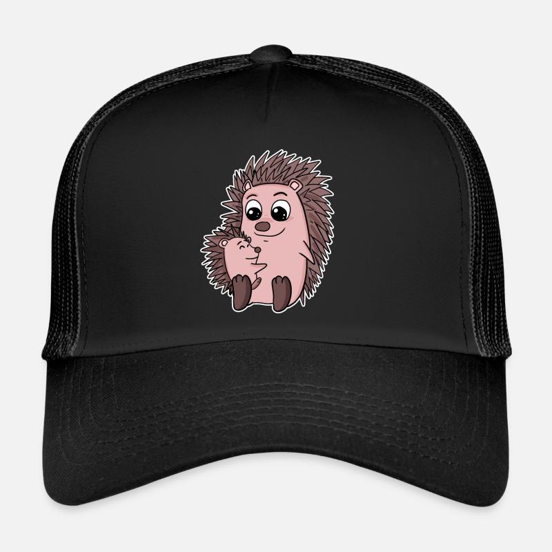 Famille hérisson - Hérisson avec bébé - Motif hérisson - Casquette trucker  - noir/noir