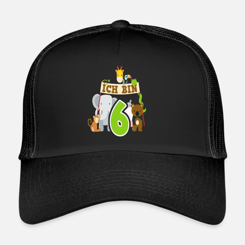 Zootiere 6. Geburtstag 6 Jahre Elefant Affe - Trucker Cap - Schwarz/Schwarz