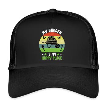 My garden is my happy place - Garten Gartenarbeit - Trucker Cap - Schwarz/Schwarz - Vorne
