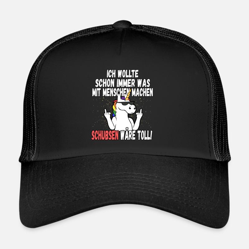 "Was mit Menschen machen" - lustig Einhorn Spruch - Trucker Cap - Schwarz/Schwarz