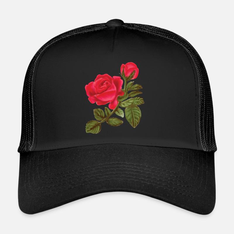 Rose Aquarelle peinte à la main - Casquette trucker  - noir/noir