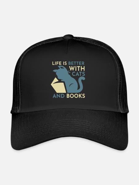 La vie est meilleure avec les chats et les livres - Cat Book - Casquette trucker  - noir/noir - Devant