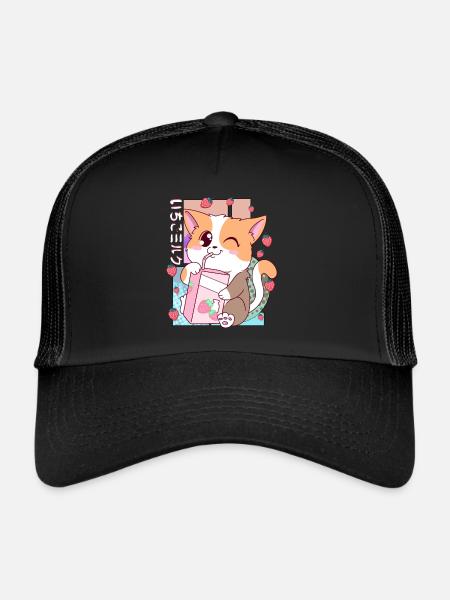 Mignon japonais Kawaii Cat Strawberry Milk Shake Nek - Casquette trucker  - noir/noir - Devant